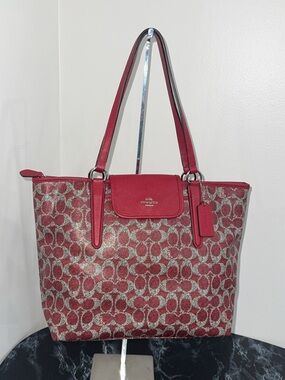 Coach Handbag Hot Red Signature Monogram Tote with Red Leather Trim AUTHENTIC
